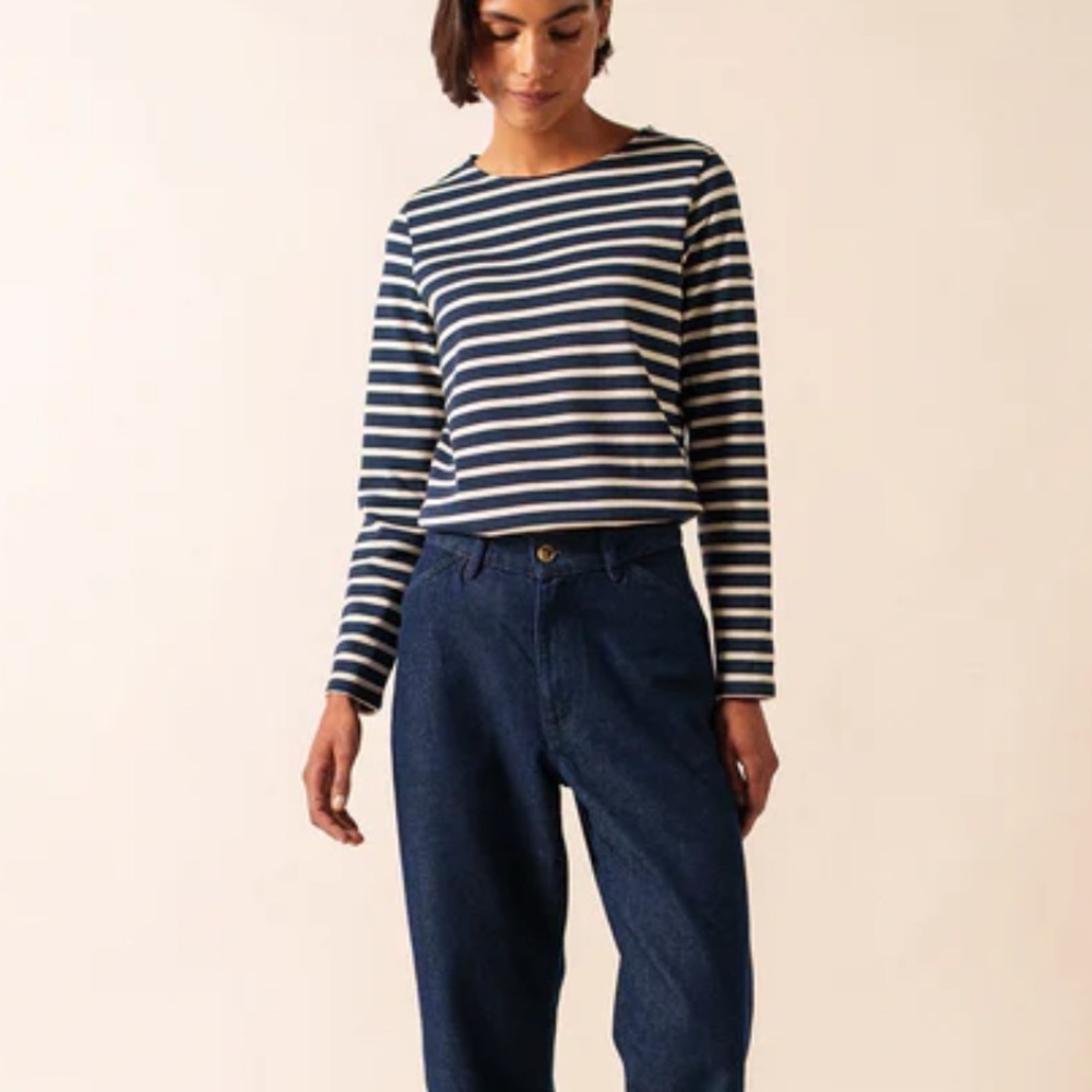 Saint James bis Navy Blue Ecru Striped Breton Long Sleeve Shirt size XXS $155